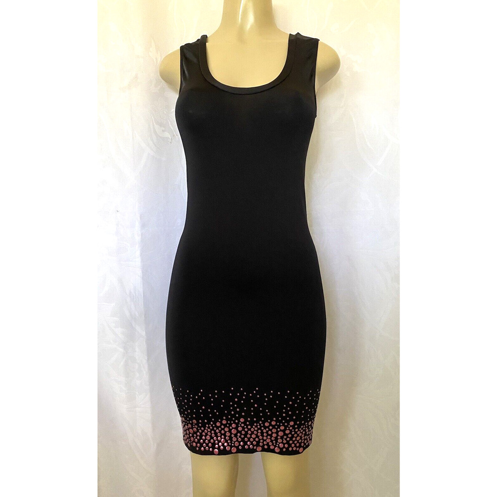 Wolford Rivet Dress Black Pink Sheath Fitted Scoop Neck Studded Sleevele…